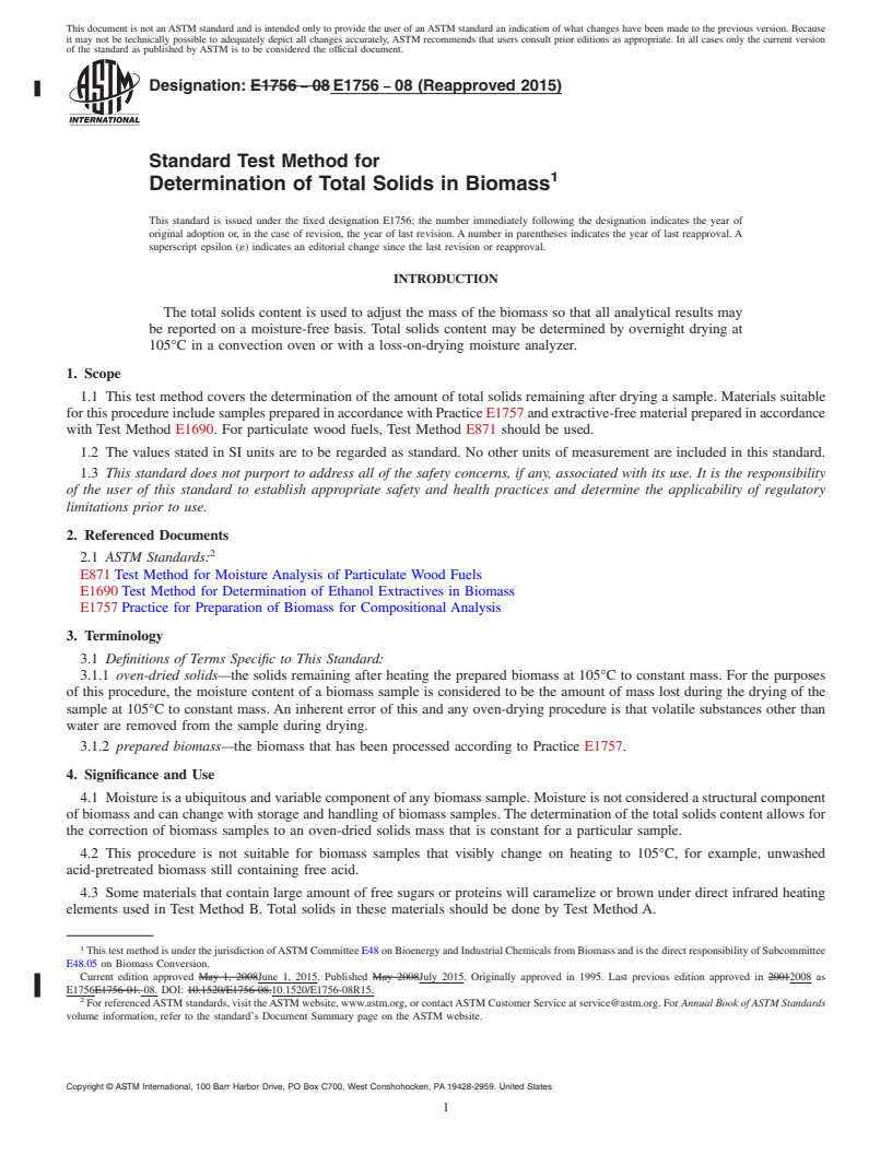 REDLINE ASTM E1756-08(2015) - Standard Test Method for  Determination of Total Solids in Biomass