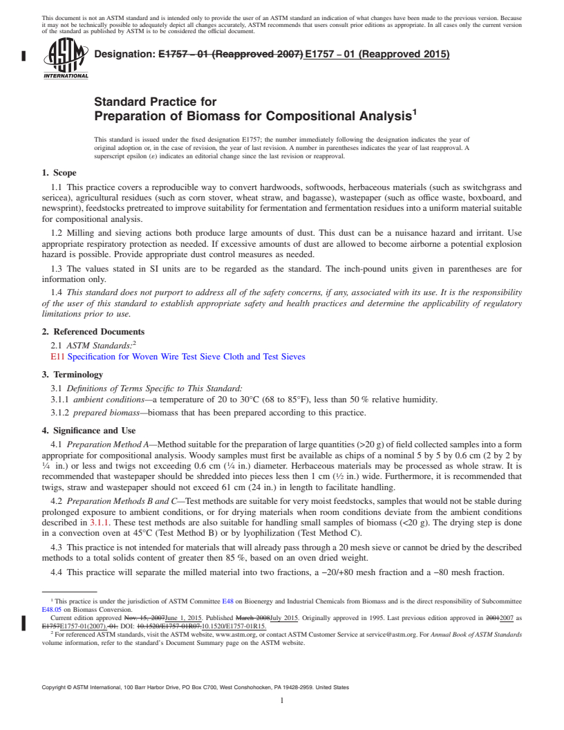 REDLINE ASTM E1757-01(2015) - Standard Practice for  Preparation of Biomass for Compositional Analysis