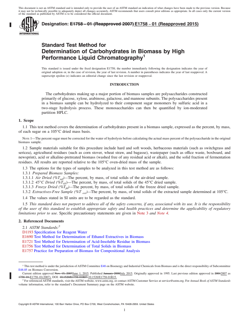 REDLINE ASTM E1758-01(2015) - Standard Test Method for  Determination of Carbohydrates in Biomass by High Performance  Liquid Chromatography