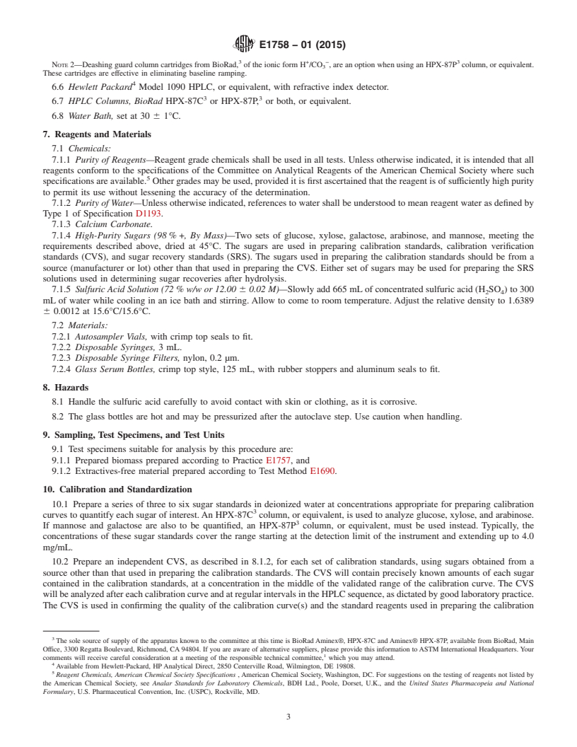 REDLINE ASTM E1758-01(2015) - Standard Test Method for  Determination of Carbohydrates in Biomass by High Performance  Liquid Chromatography