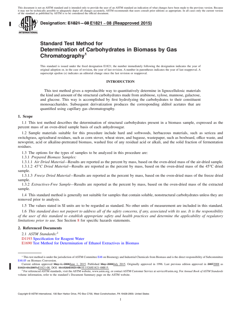 REDLINE ASTM E1821-08(2015) - Standard Test Method for  Determination of Carbohydrates in Biomass by Gas Chromatography