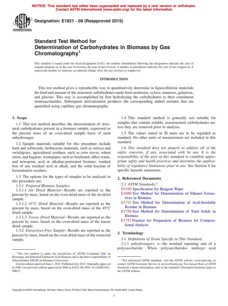 ASTM E1821-08(2015) - Standard Test Method for  Determination of Carbohydrates in Biomass by Gas Chromatography