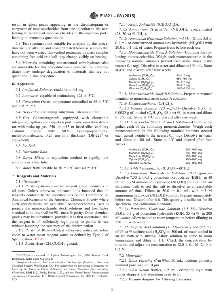 ASTM E1821-08(2015) - Standard Test Method for  Determination of Carbohydrates in Biomass by Gas Chromatography