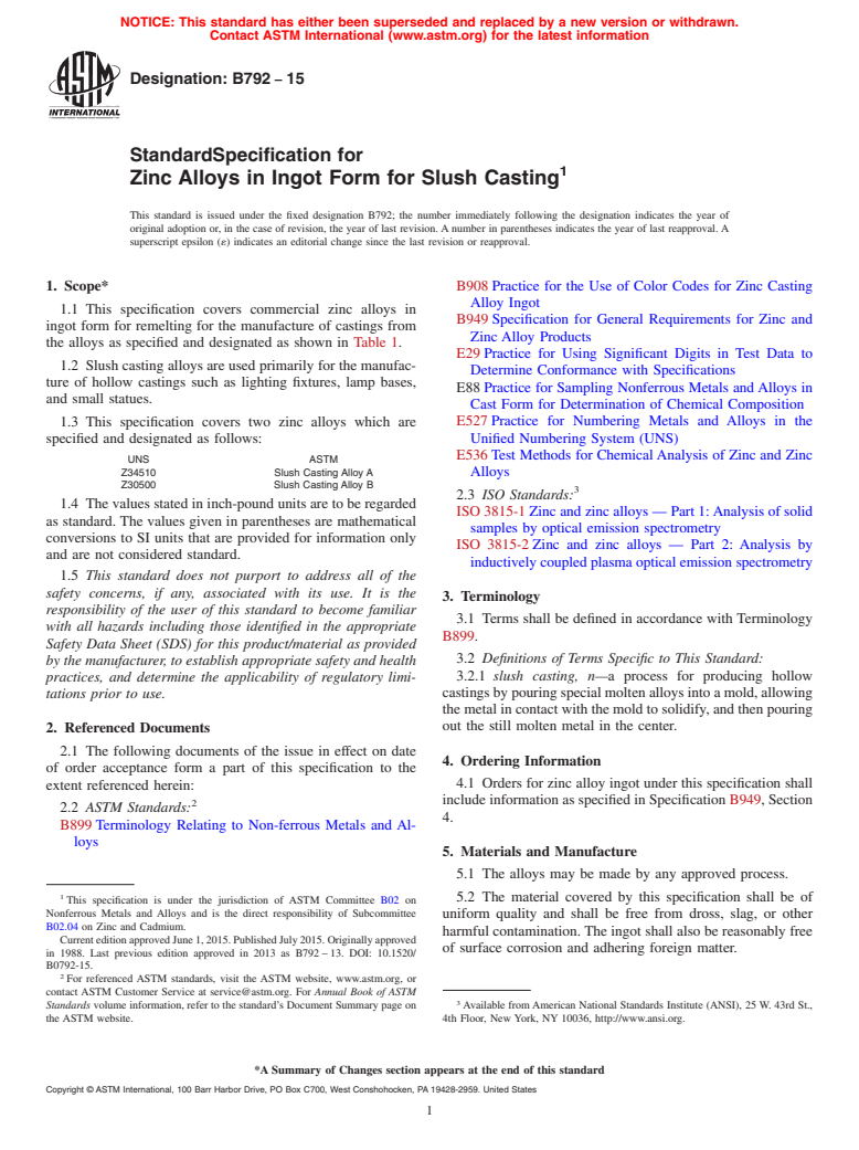 ASTM B792-15 - Standard Specification for Zinc Alloys in Ingot Form for Slush Casting