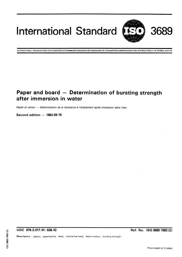 ISO 3689:1983 - Paper and board -- Determination of bursting strength after immersion in water