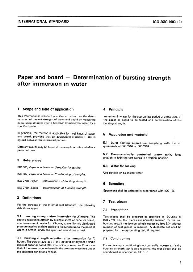 ISO 3689:1983 - Paper and board -- Determination of bursting strength after immersion in water