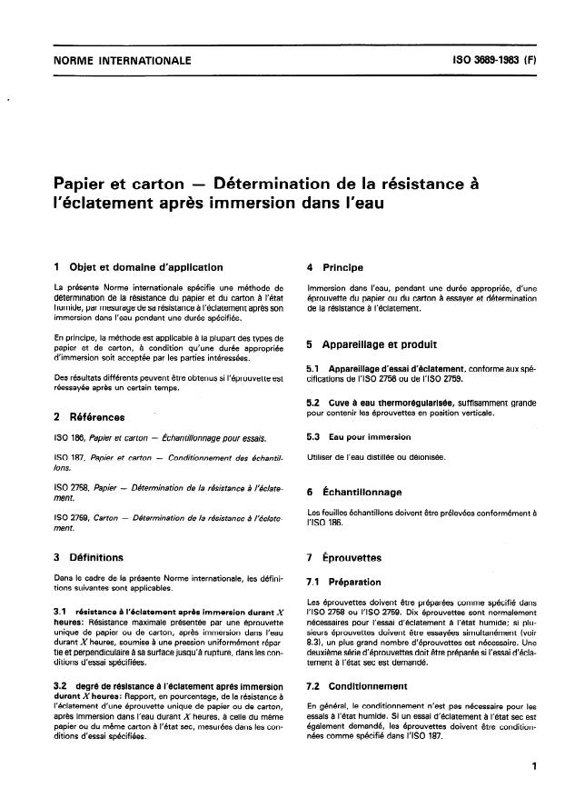 ISO 3689:1983 - Papier et carton -- Détermination de la résistance a l'éclatement apres immersion dans l'eau