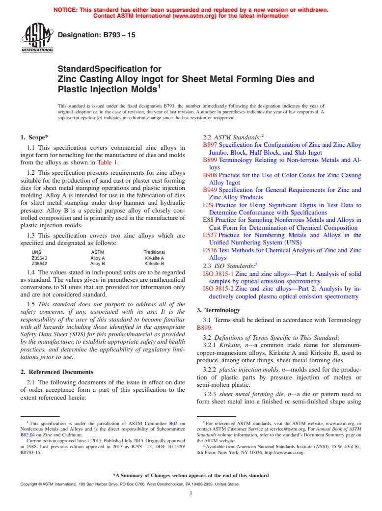 ASTM B793-15 - Standard Specification for Zinc Casting Alloy Ingot for Sheet Metal Forming Dies and Plastic   Injection   Molds