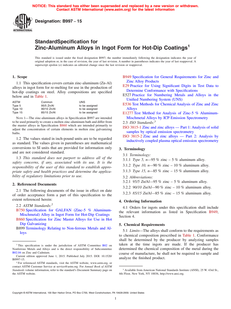 ASTM B997-15 - Standard Specification for Zinc-Aluminum Alloys in Ingot Form for Hot-Dip Coatings