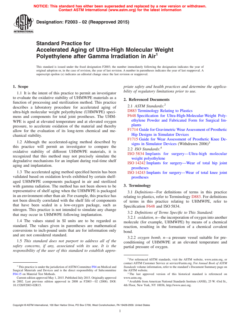 ASTM F2003-02(2015) - Standard Practice for  Accelerated Aging of Ultra-High Molecular Weight Polyethylene  after Gamma Irradiation in Air