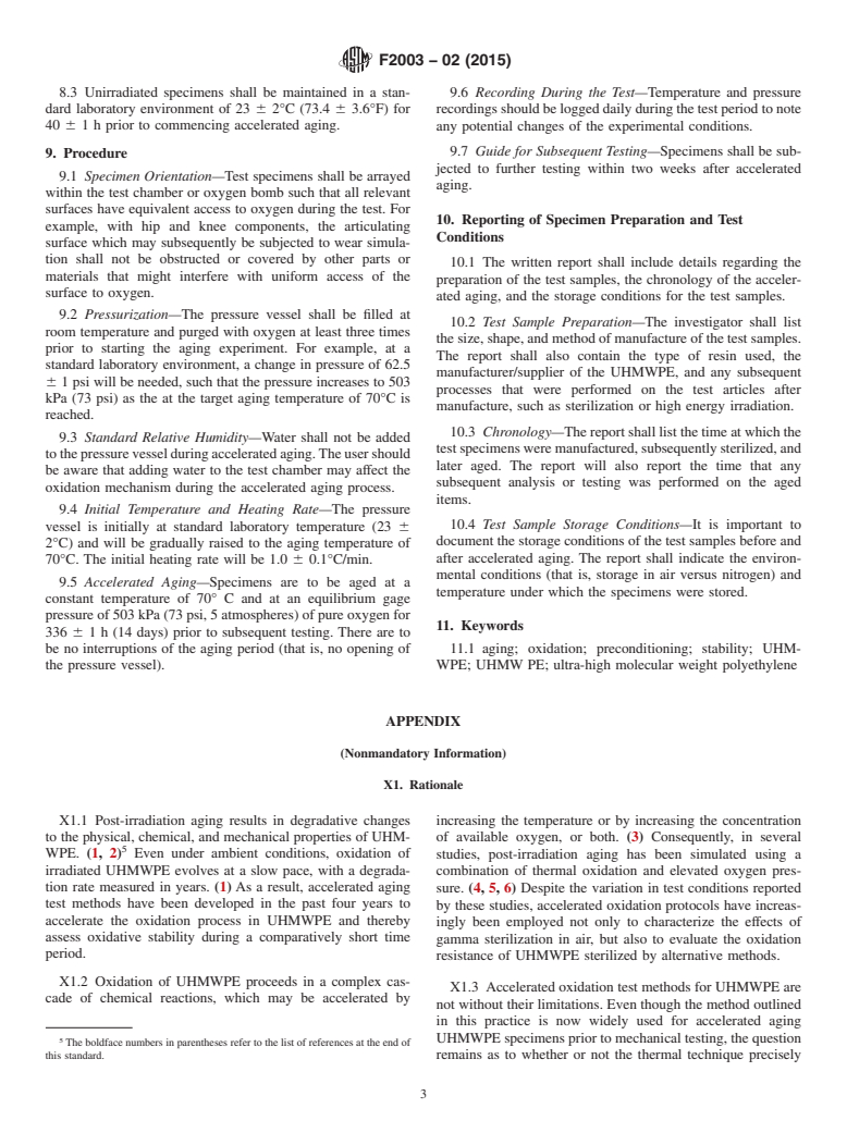 ASTM F2003-02(2015) - Standard Practice for  Accelerated Aging of Ultra-High Molecular Weight Polyethylene  after Gamma Irradiation in Air