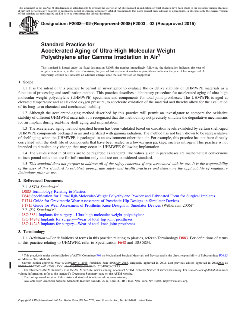 REDLINE ASTM F2003-02(2015) - Standard Practice for  Accelerated Aging of Ultra-High Molecular Weight Polyethylene  after Gamma Irradiation in Air