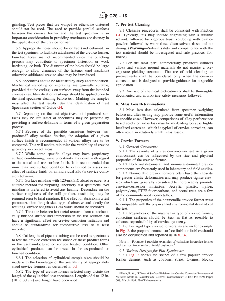 ASTM G78-15 - Standard Guide for  Crevice Corrosion Testing of Iron-Base and Nickel-Base Stainless  Alloys in Seawater and Other Chloride-Containing Aqueous Environments