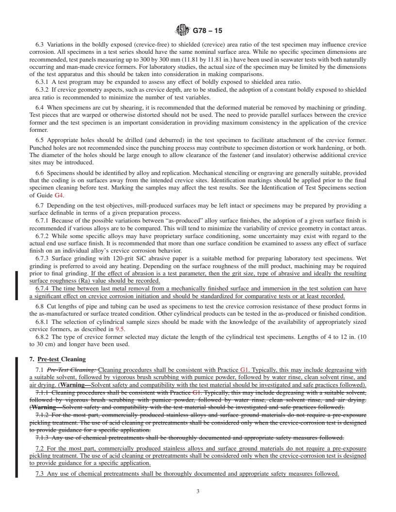 REDLINE ASTM G78-15 - Standard Guide for  Crevice Corrosion Testing of Iron-Base and Nickel-Base Stainless  Alloys in Seawater and Other Chloride-Containing Aqueous Environments