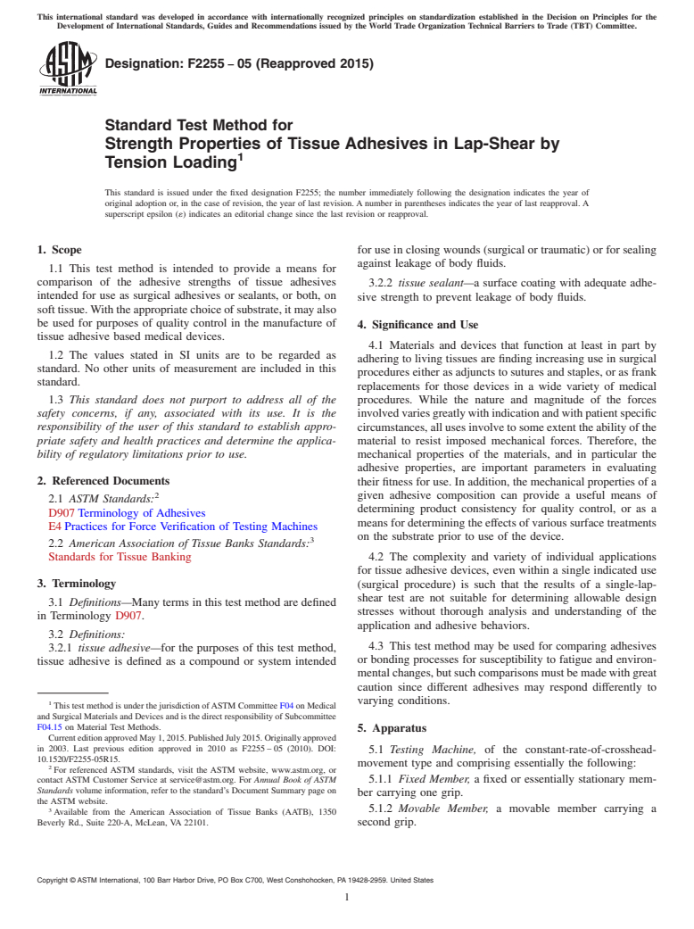 ASTM F2255-05(2015) - Standard Test Method for Strength Properties of Tissue Adhesives in Lap-Shear by Tension  Loading