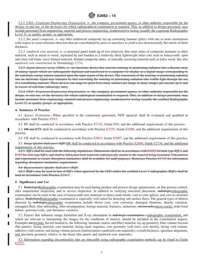 REDLINE ASTM E2662-15 - Standard Practice for  Radiographic Examination of Flat Panel Composites and Sandwich  Core Materials Used in Aerospace Applications