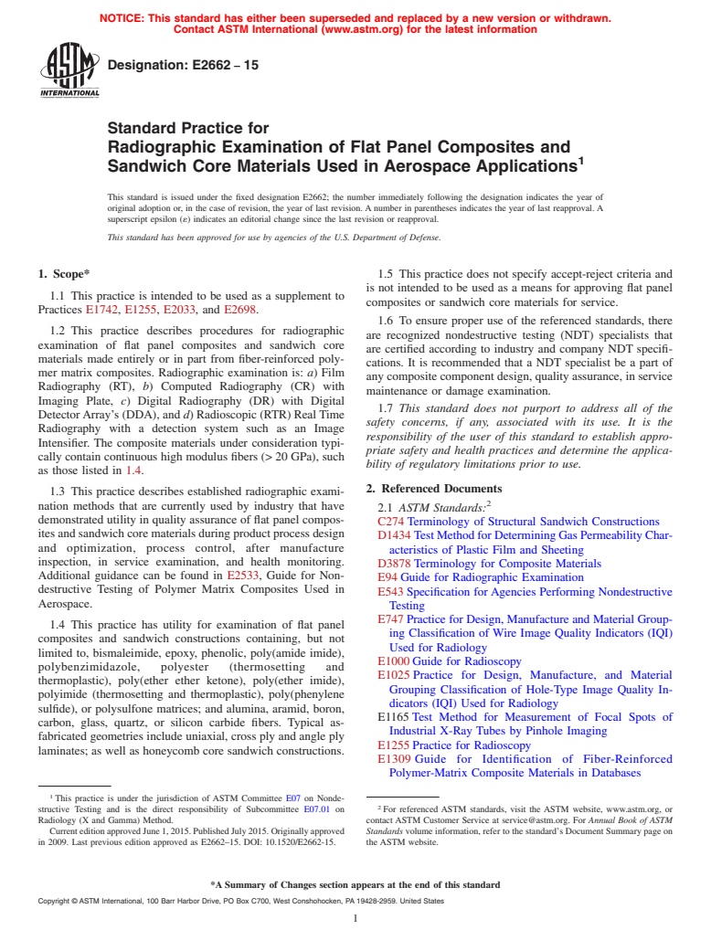 ASTM E2662-15 - Standard Practice for  Radiographic Examination of Flat Panel Composites and Sandwich  Core Materials Used in Aerospace Applications