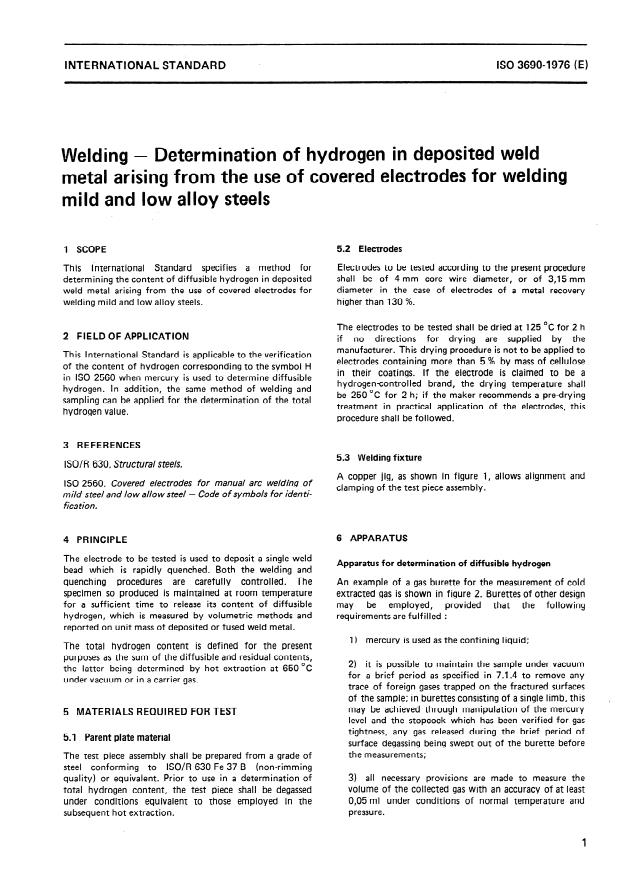 ISO 3690:1977 - Welding -- Determination of hydrogen in deposited weld metal arising from the use of covered electrodes for welding mild and low alloy steels
