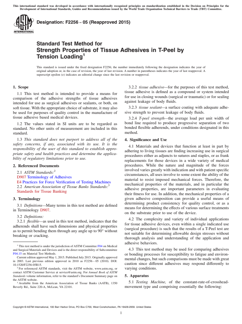 ASTM F2256-05(2015) - Standard Test Method for Strength Properties of Tissue Adhesives in T-Peel by Tension  Loading