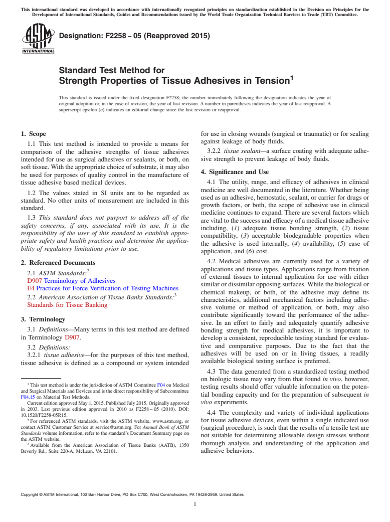 ASTM F2258-05(2015) - Standard Test Method for Strength Properties of Tissue Adhesives in Tension