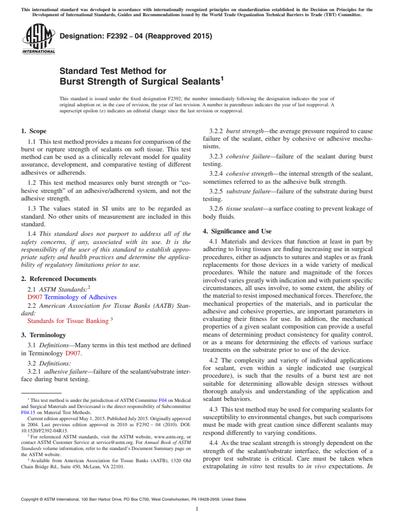 ASTM F2392-04(2015) - Standard Test Method for  Burst Strength of Surgical Sealants