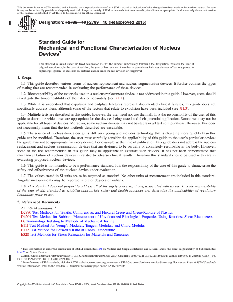 REDLINE ASTM F2789-10(2015) - Standard Guide for  Mechanical and Functional Characterization of Nucleus Devices