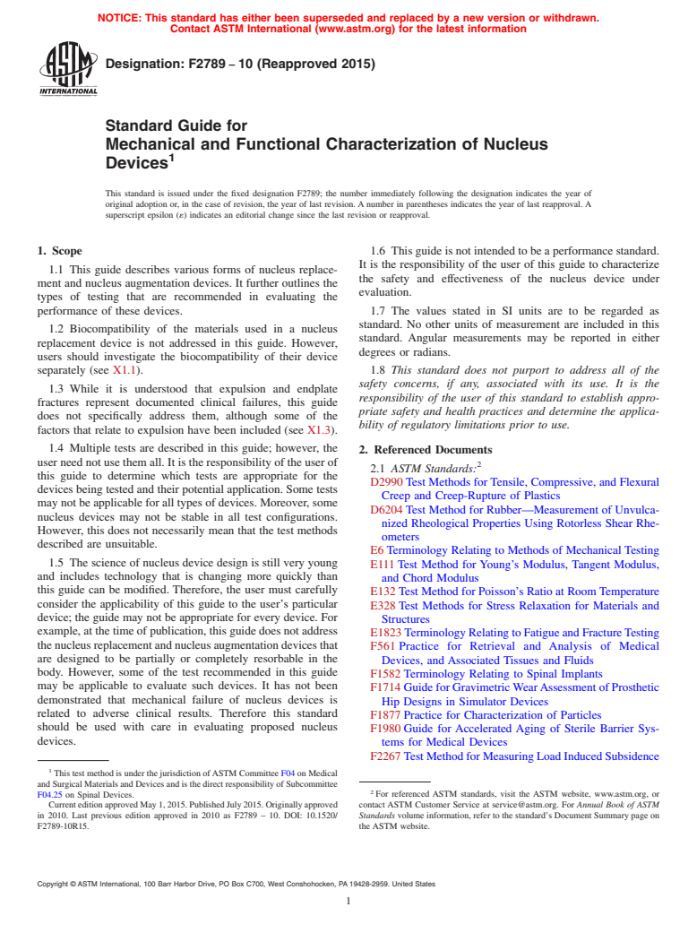 ASTM F2789-10(2015) - Standard Guide for  Mechanical and Functional Characterization of Nucleus Devices