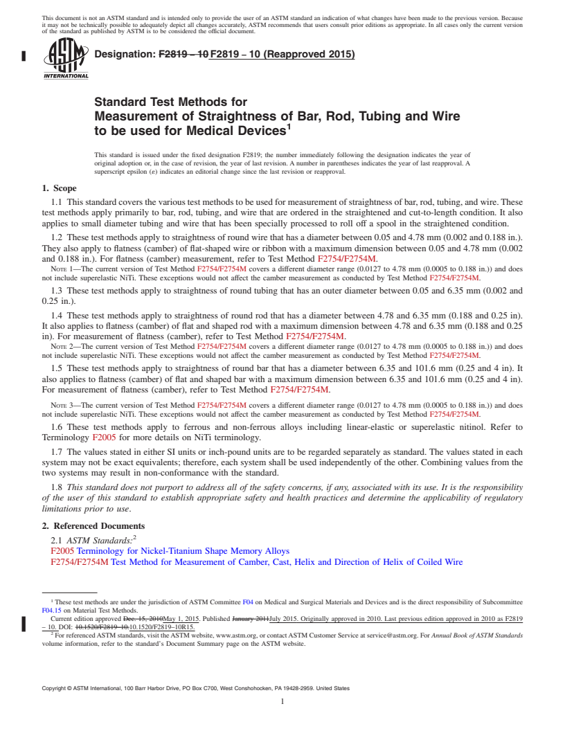 REDLINE ASTM F2819-10(2015) - Standard Test Methods for  Measurement of Straightness of Bar, Rod, Tubing and Wire to  be used for Medical Devices