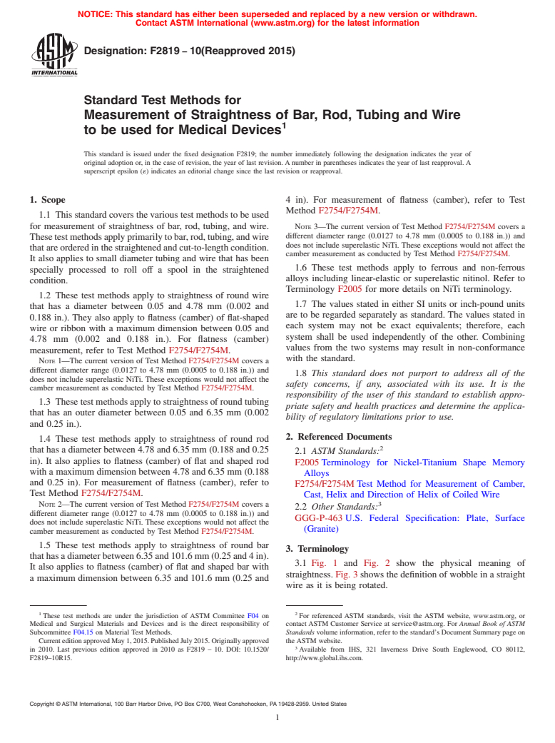 ASTM F2819-10(2015) - Standard Test Methods for  Measurement of Straightness of Bar, Rod, Tubing and Wire to  be used for Medical Devices