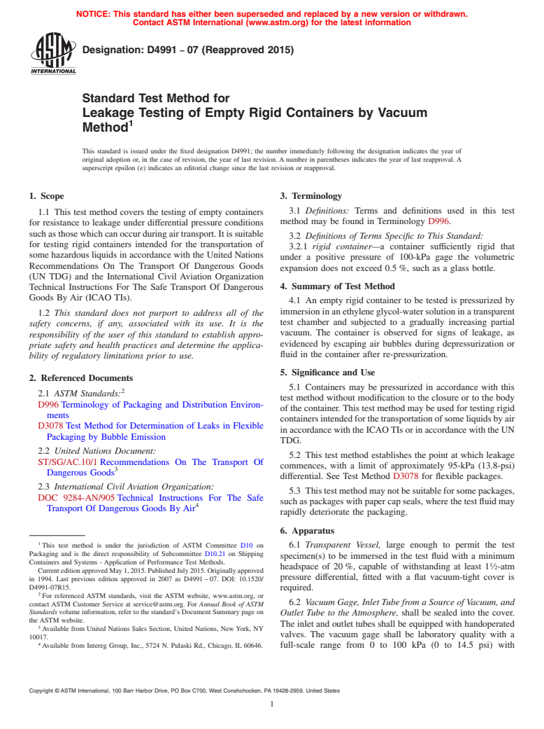 ASTM D4991-07(2015) - Standard Test Method for  Leakage Testing of Empty Rigid Containers by Vacuum Method