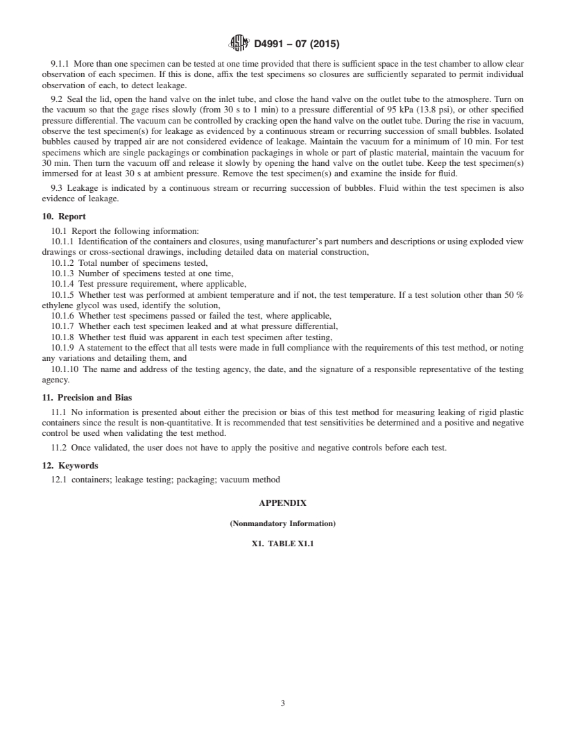 REDLINE ASTM D4991-07(2015) - Standard Test Method for  Leakage Testing of Empty Rigid Containers by Vacuum Method