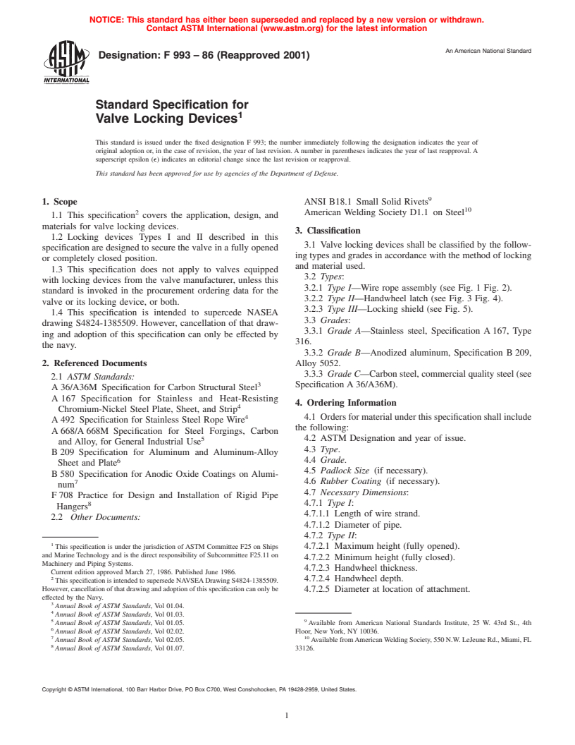 ASTM F993-86(2001) - Standard Specification for Valve Locking Devices