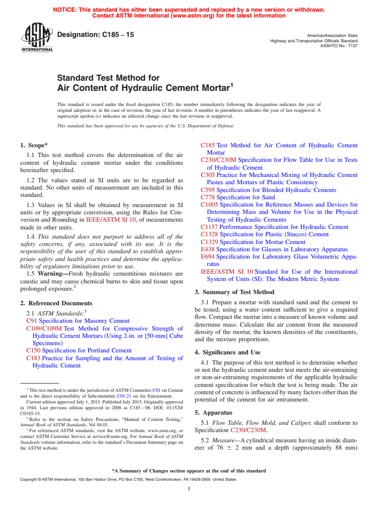 ASTM C185-15 - Standard Test Method for  Air Content of Hydraulic Cement Mortar