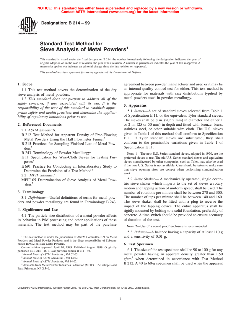 ASTM B214-99 - Standard Test Method for Sieve Analysis of  Metal Powders