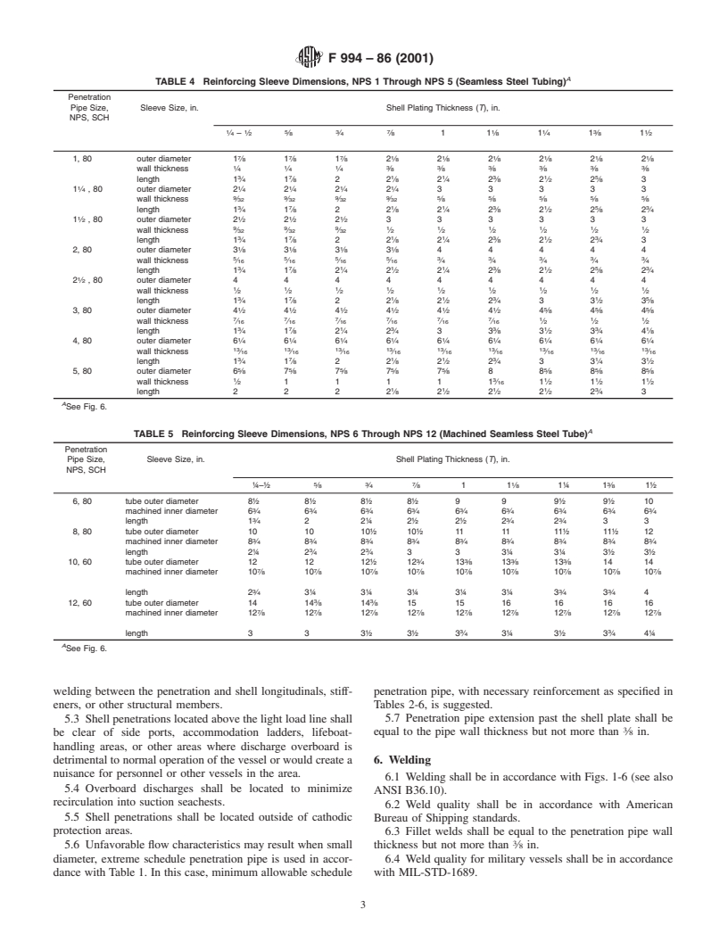 ASTM F994-86(2001) - Standard Specification for Design and Installation of Overboard Discharge Hull Penetration Connections