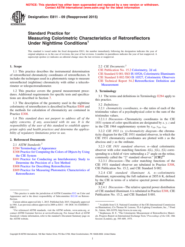 ASTM E811-09(2015) - Standard Practice for Measuring Colorimetric Characteristics of Retroreflectors Under   Nighttime Conditions