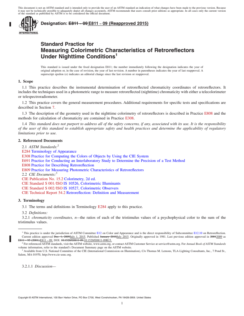 REDLINE ASTM E811-09(2015) - Standard Practice for Measuring Colorimetric Characteristics of Retroreflectors Under   Nighttime Conditions