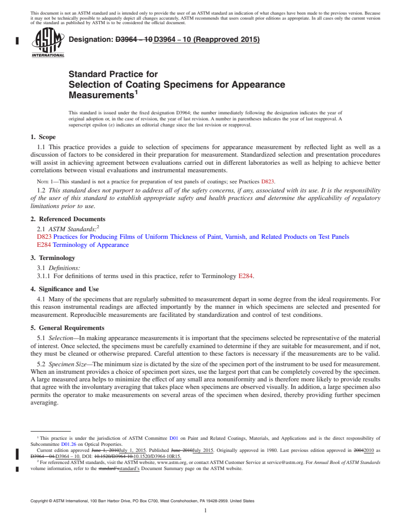 REDLINE ASTM D3964-10(2015) - Standard Practice for  Selection of Coating Specimens for Appearance Measurements