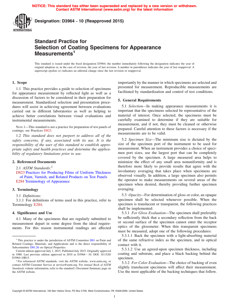 ASTM D3964-10(2015) - Standard Practice for  Selection of Coating Specimens for Appearance Measurements