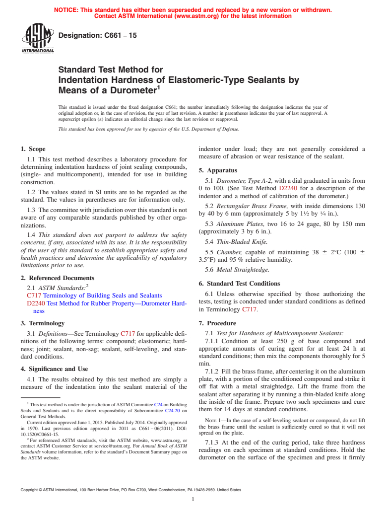 ASTM C661-15 - Standard Test Method for  Indentation Hardness of Elastomeric-Type Sealants by Means  of a Durometer