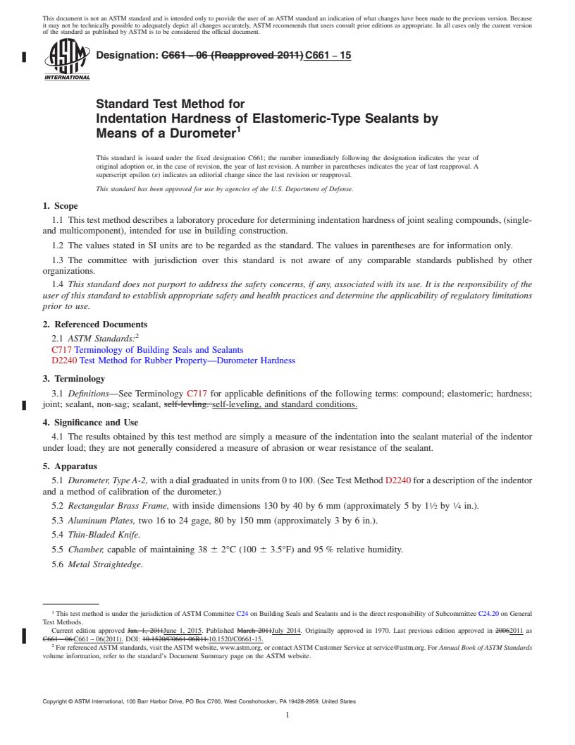 REDLINE ASTM C661-15 - Standard Test Method for  Indentation Hardness of Elastomeric-Type Sealants by Means  of a Durometer