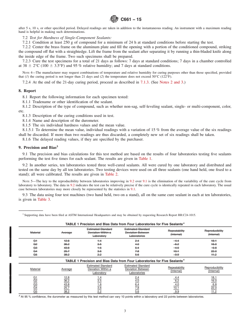 REDLINE ASTM C661-15 - Standard Test Method for  Indentation Hardness of Elastomeric-Type Sealants by Means  of a Durometer