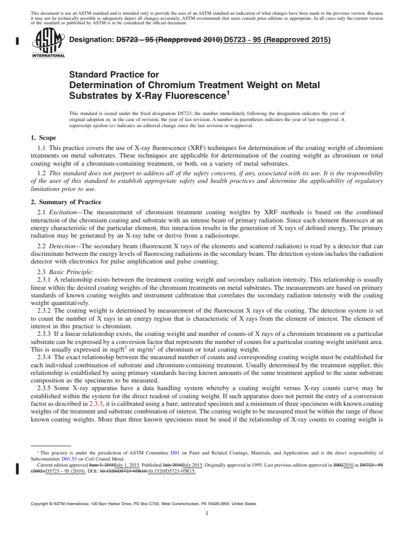 REDLINE ASTM D5723-95(2015) - Standard Practice for Determination of Chromium Treatment Weight on Metal Substrates   by X-Ray Fluorescence