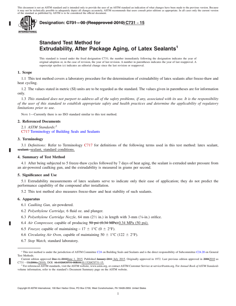 REDLINE ASTM C731-15 - Standard Test Method for  Extrudability, After Package Aging, of Latex Sealants