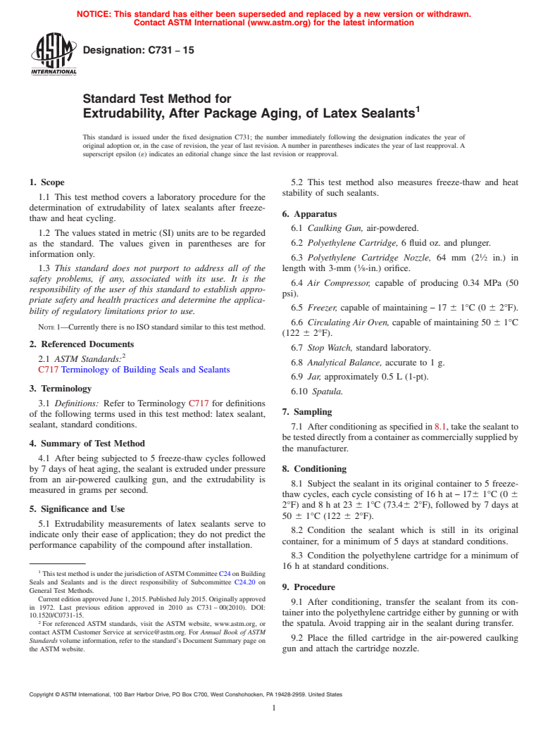 ASTM C731-15 - Standard Test Method for  Extrudability, After Package Aging, of Latex Sealants