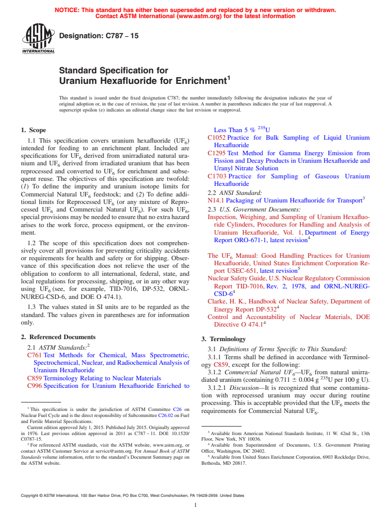 ASTM C787-15 - Standard Specification for  Uranium Hexafluoride for Enrichment