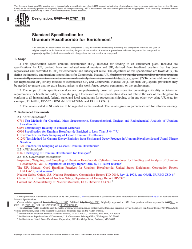 REDLINE ASTM C787-15 - Standard Specification for  Uranium Hexafluoride for Enrichment