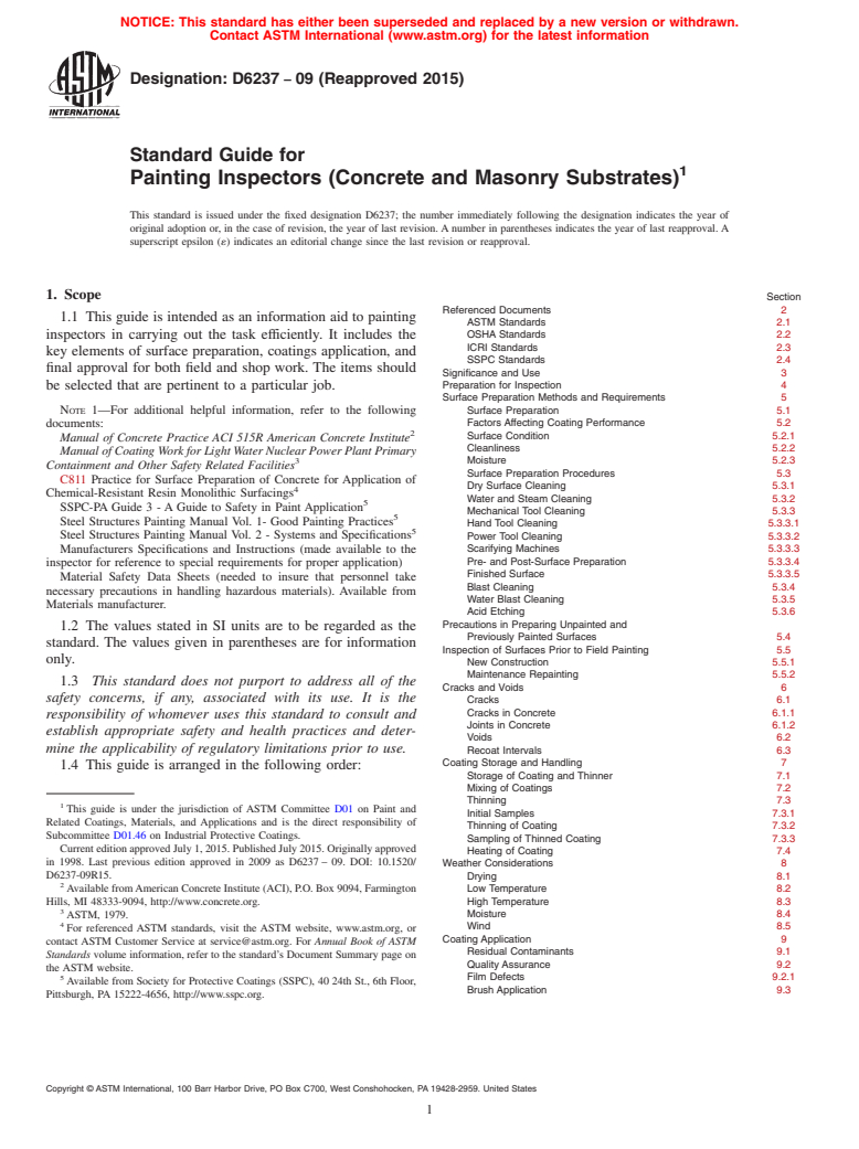 ASTM D6237-09(2015) - Standard Guide for Painting Inspectors (Concrete and Masonry Substrates)