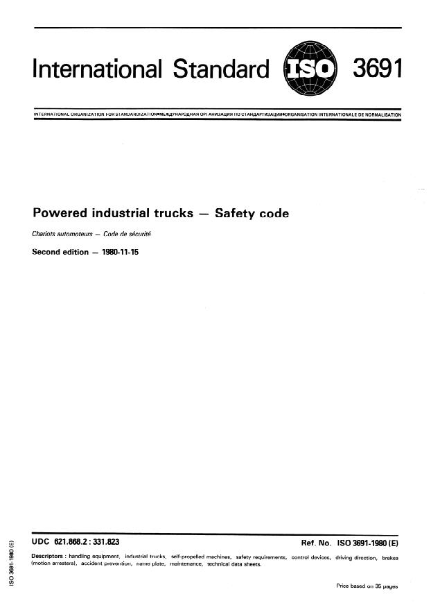 ISO 3691:1980 - Powered industrial trucks -- Safety code
