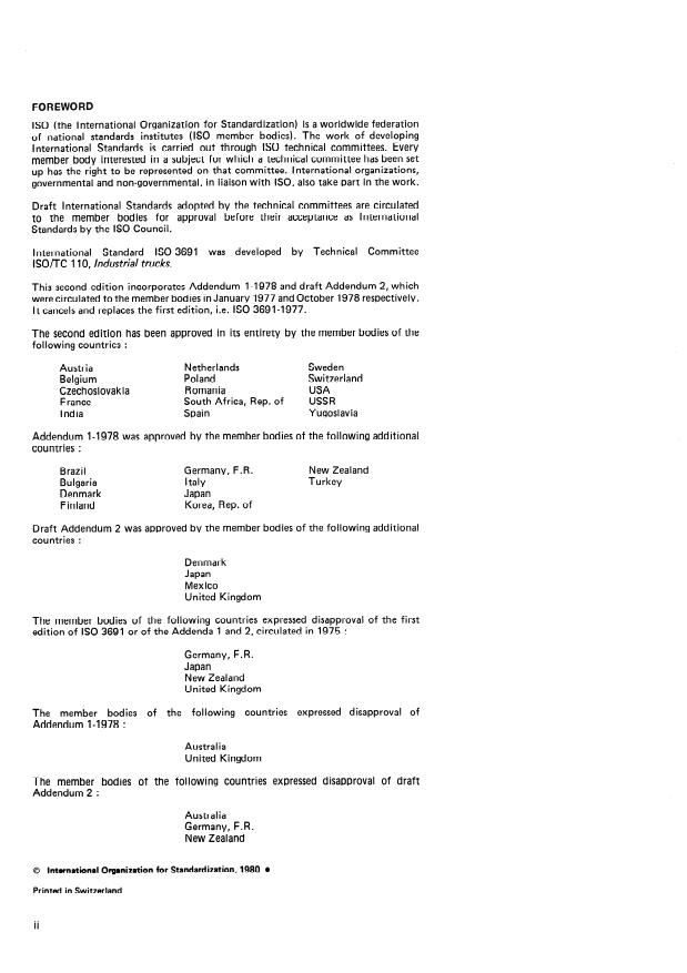 ISO 3691:1980 ISO 3691:1980 - Powered industrial trucks -- Safety code - Page 2 preview